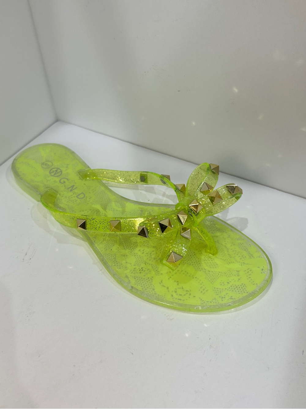 Sparkle Neon Green Jelly Bow Sandals with Gold Studs
